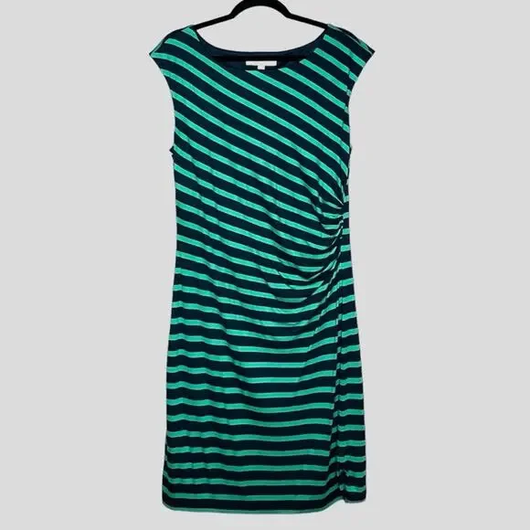 LOFT | Dresses | Loft Navy Green Striped Side Ruched Bodycon Dress Size L  Large Stretchy | Poshmark